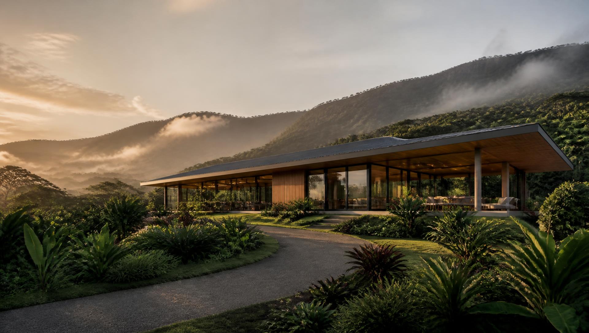 Conceptual rendering of El Santuario, a clubhouse set in the green mountains of Southern Costa Rica