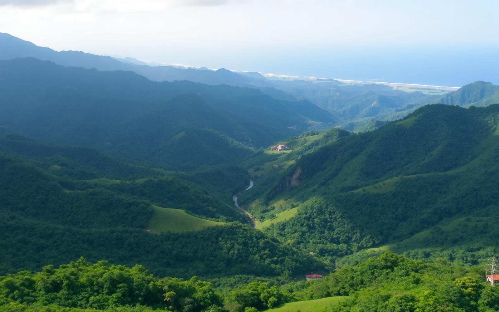 Green mountains of Southern Costa Rica running down toward the Pacific coast